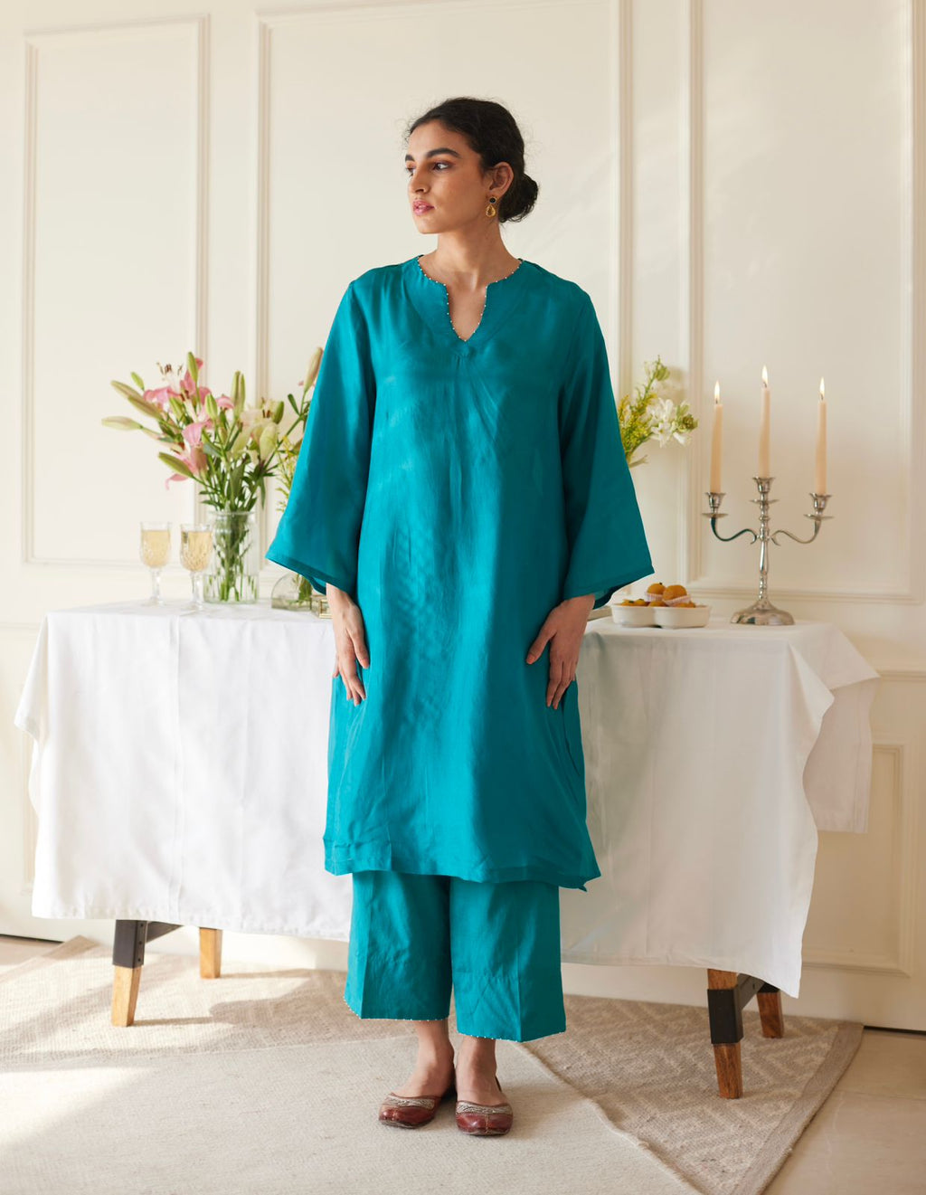 JUANITA- SILK AQUAMARINE BLUE SET