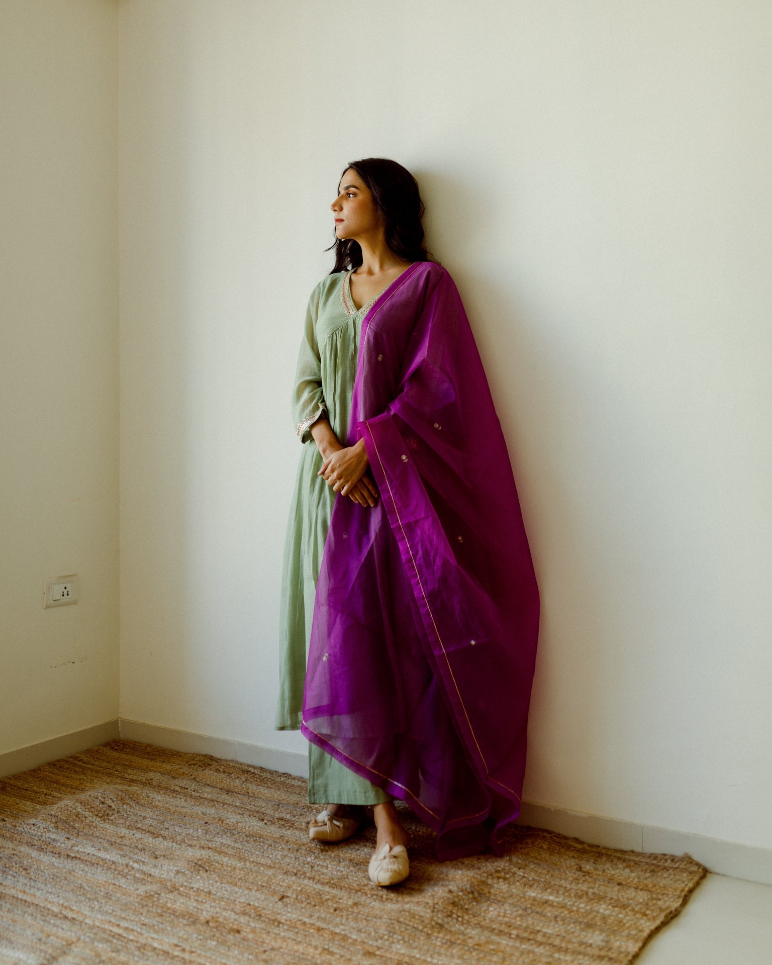 Juanita- Handwoven Chaderi sage green set gather front kurta with embellishment