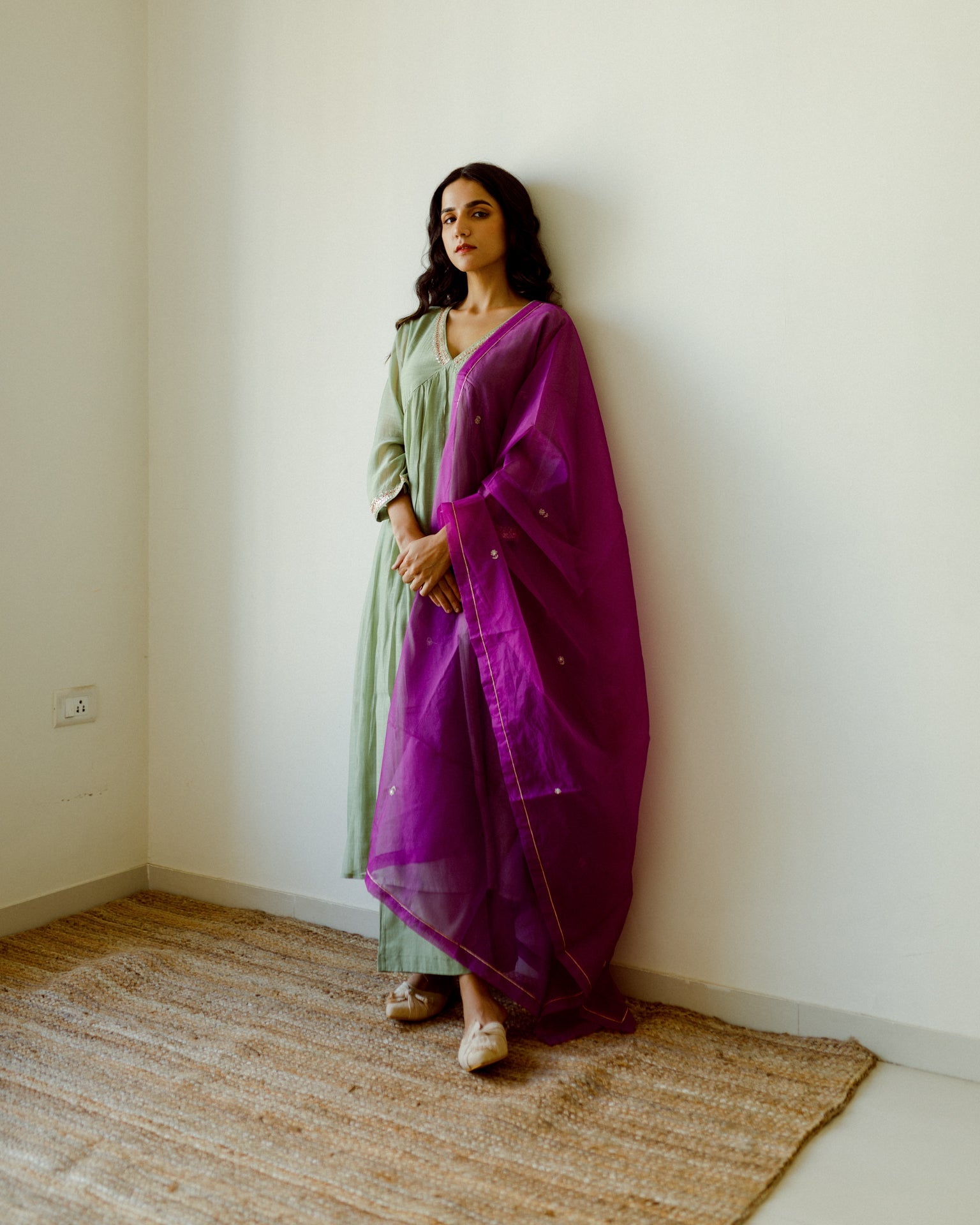 Juanita- Handwoven Chaderi sage green set gather front kurta with embellishment
