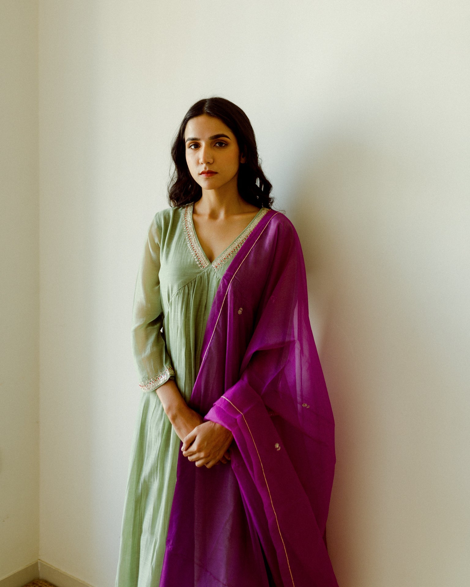 Juanita- Handwoven Chaderi sage green set gather front kurta with embellishment