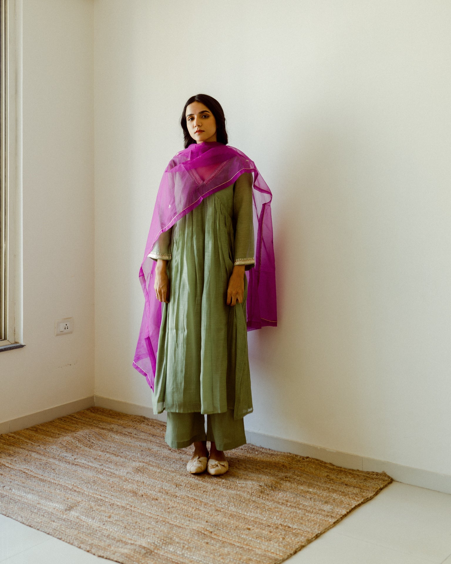 Juanita- Handwoven Chaderi sage green set gather front kurta with embellishment