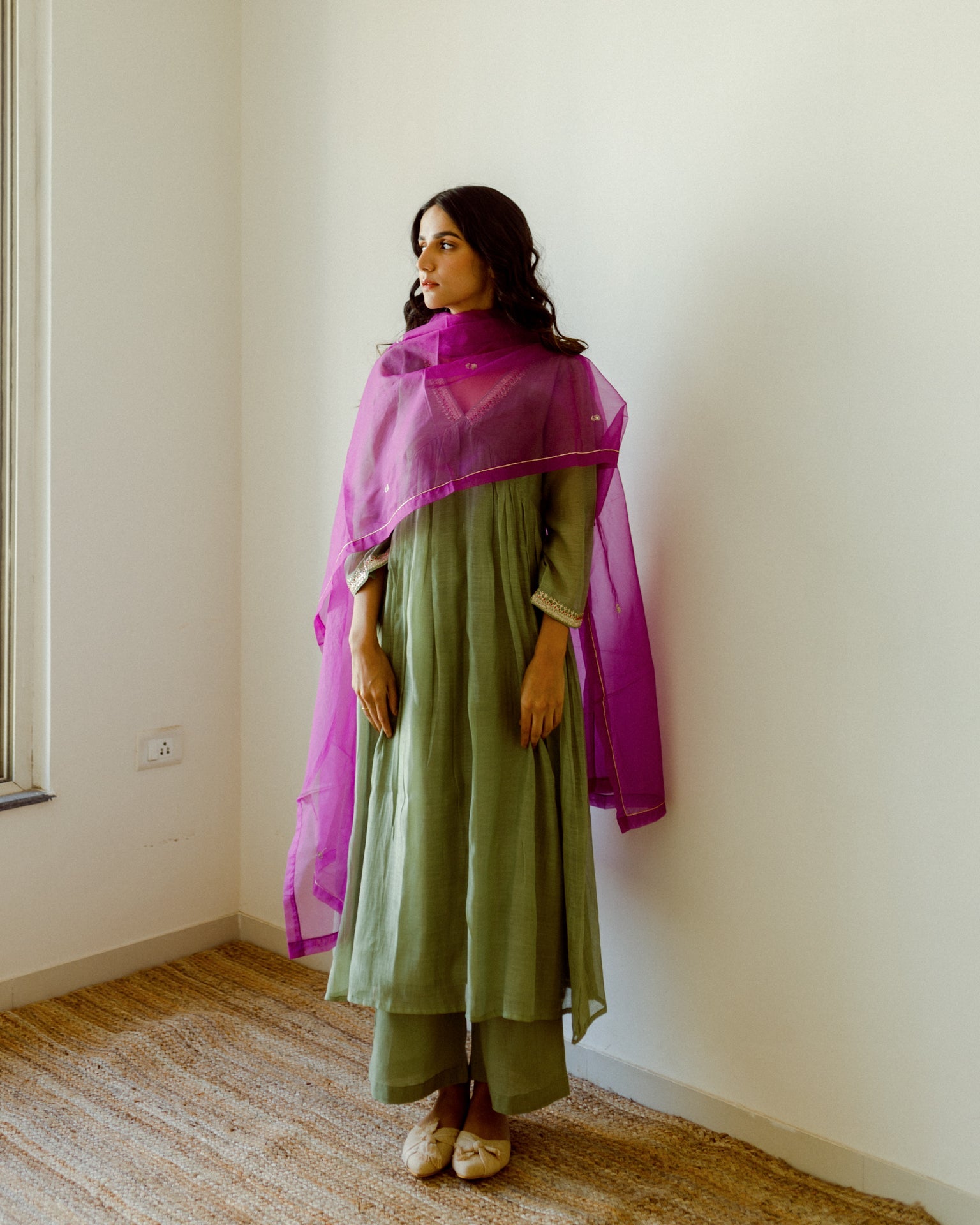 Juanita- Handwoven Chaderi sage green set gather front kurta with embellishment