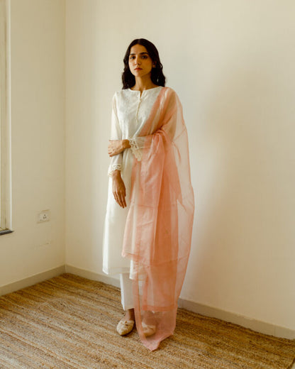 Juanita- Handwoven chanderi comfort fit ivory kurta with embellishment of tonal embroidery