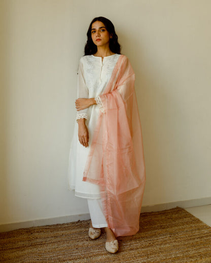 Juanita- Handwoven chanderi comfort fit ivory kurta with embellishment of tonal embroidery