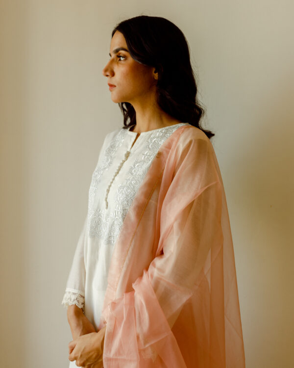 Juanita- Handwoven chanderi comfort fit ivory kurta with embellishment of tonal embroidery