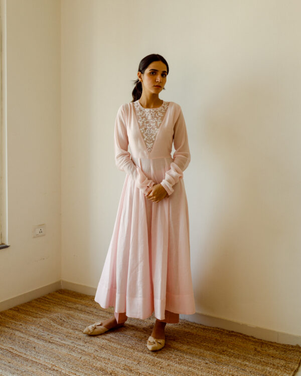 Juanita- Handwoven chanderi light salmon color anarkali dress