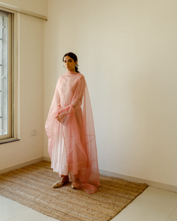 Juanita- Handwoven chanderi light salmon color anarkali dress with embellishment of tonal embroidery