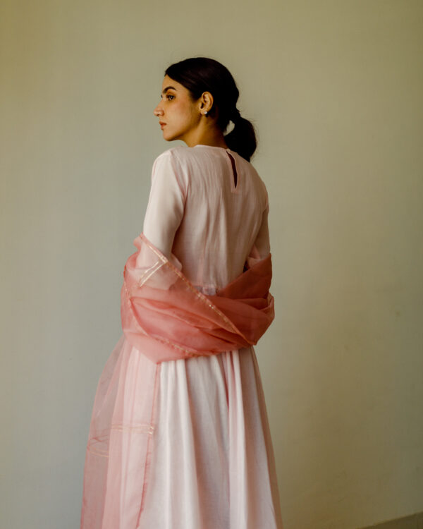 Juanita- Handwoven chanderi light salmon color anarkali dress with embellishment of tonal embroidery