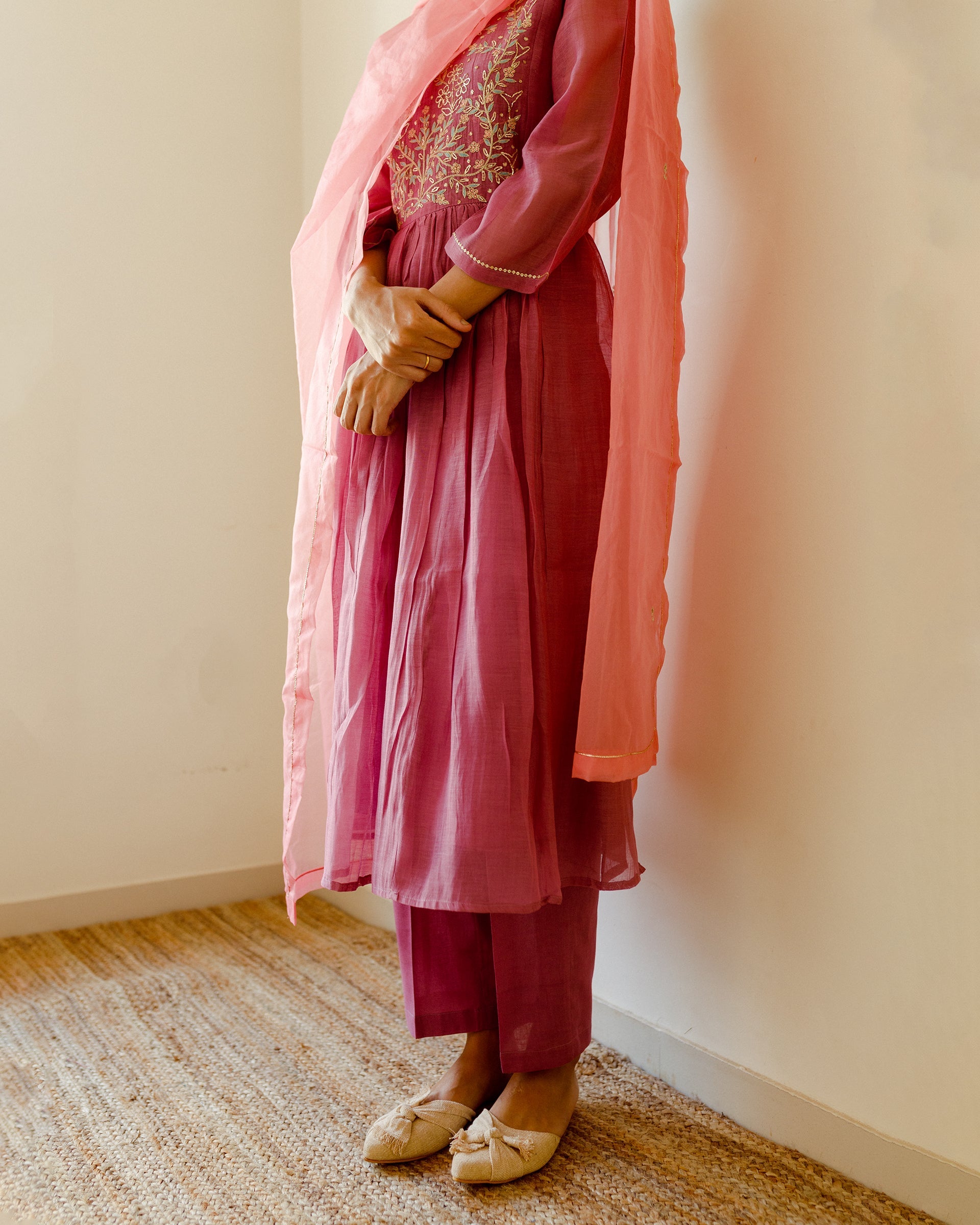 Juanita- Hadwoven chanderi comfort fit kurta with front gather below yoke comfort fit sleeve