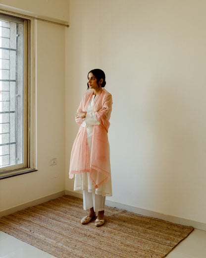 Juanita- Handwoven chanderi comfort fit ivory and peach kurta set