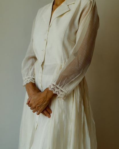 Juanita- Handwoven chanderi comfort fit dress in ivory color with jacket collar and side gather