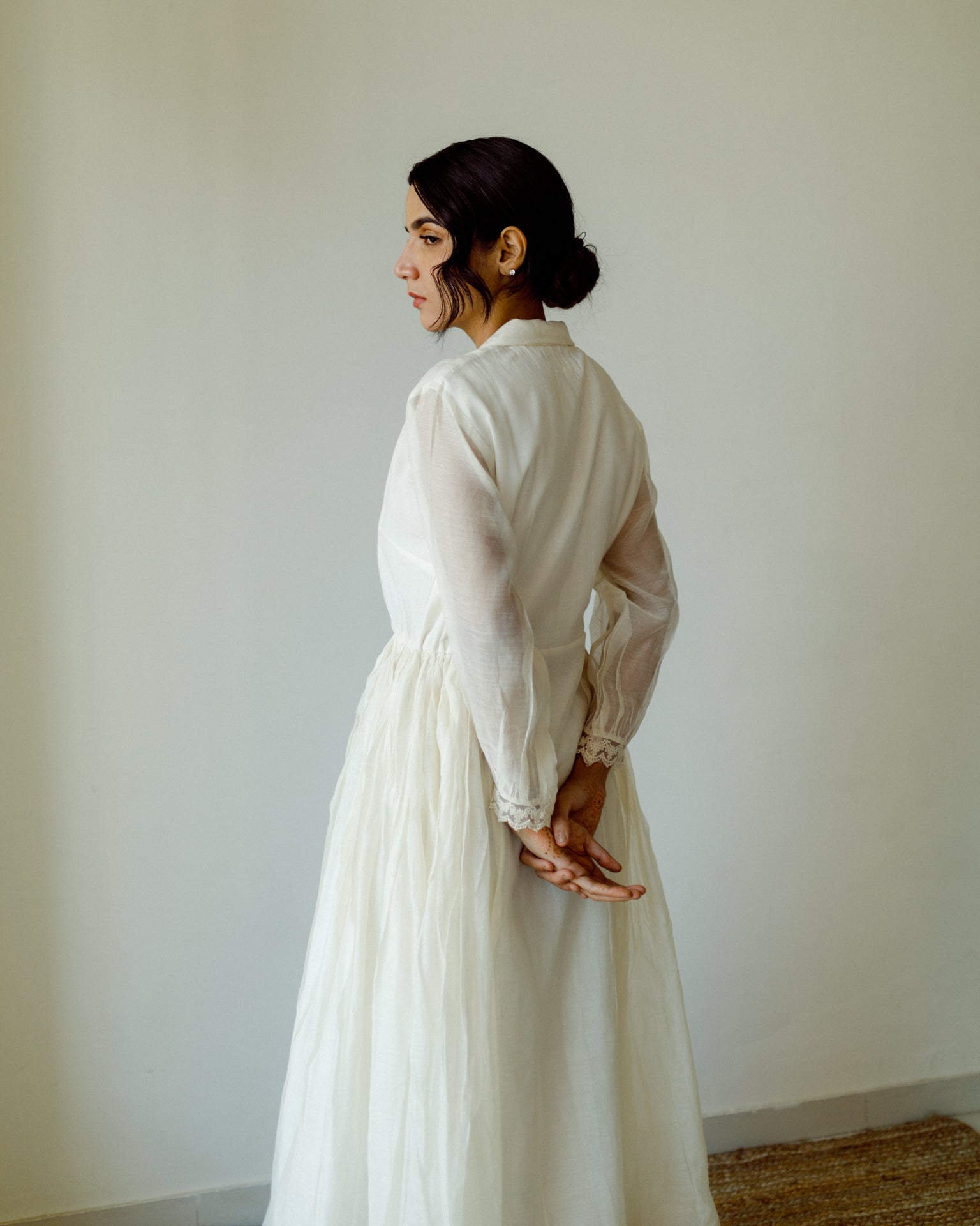 Juanita- Handwoven chanderi comfort fit dress in ivory color with jacket collar and side gather