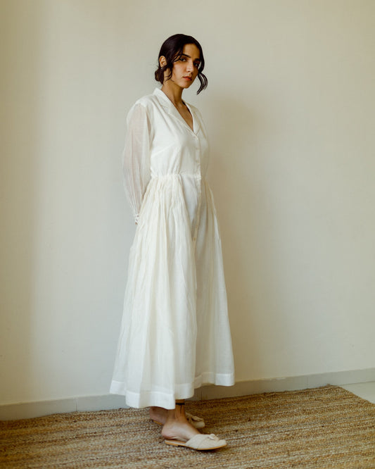 Juanita- Handwoven chanderi comfort fit dress in ivory color with jacket collar and side gather