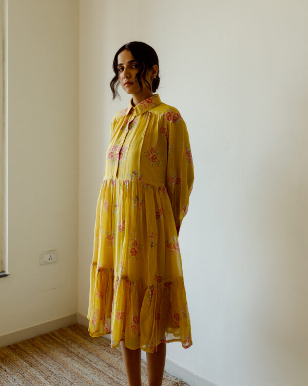 Juanita- Handwoven chanderi ochre rose print tiered dress with collar and cuff sleeve