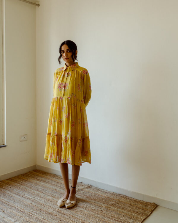 Juanita- Handwoven chanderi ochre rose print tiered dress with collar and cuff sleeve