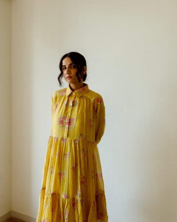 Juanita- Handwoven chanderi ochre rose print tiered dress with collar and cuff sleeve