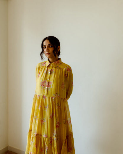 Juanita- Handwoven chanderi ochre rose print tiered dress with collar and cuff sleeve