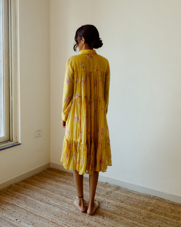 Juanita- Handwoven chanderi ochre rose print tiered dress with collar and cuff sleeve