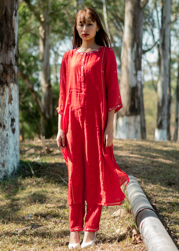 Juanita- Handwoven chanderi Red Kurta