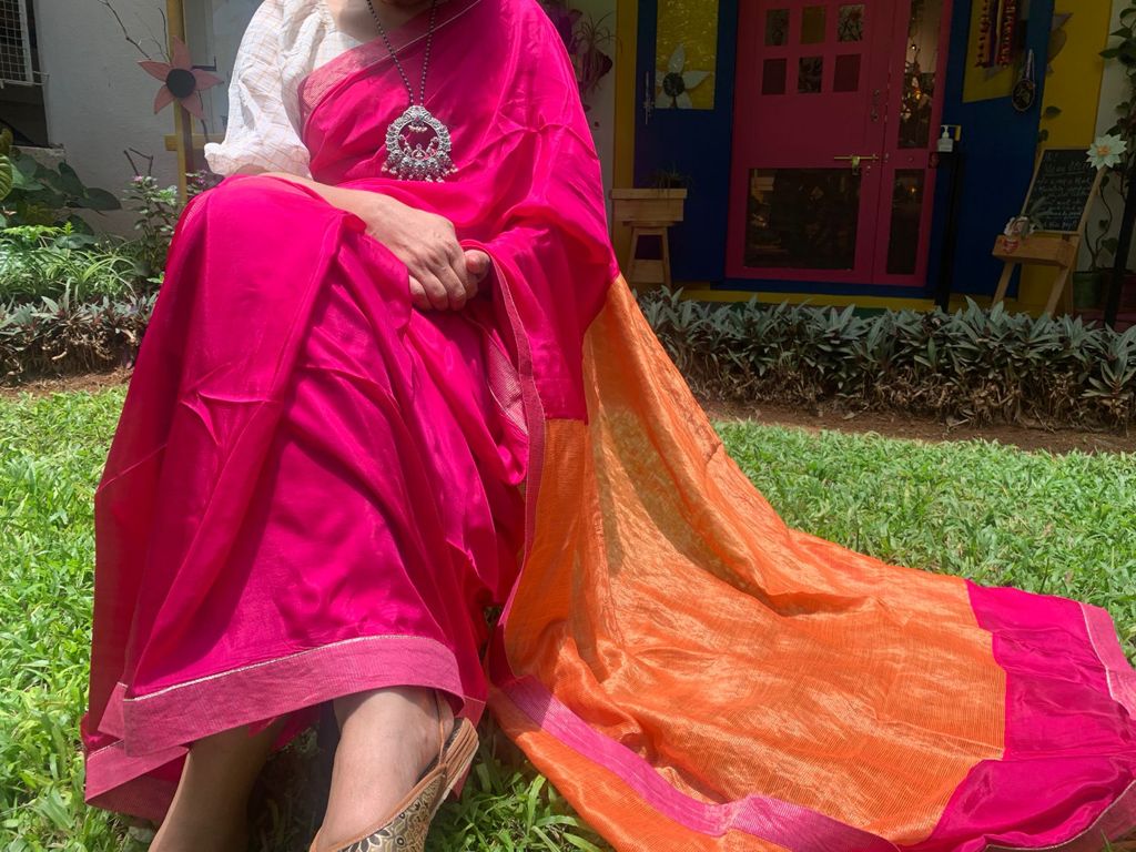 Juanita- Fuchsia pink and tangerine habutai silk saree