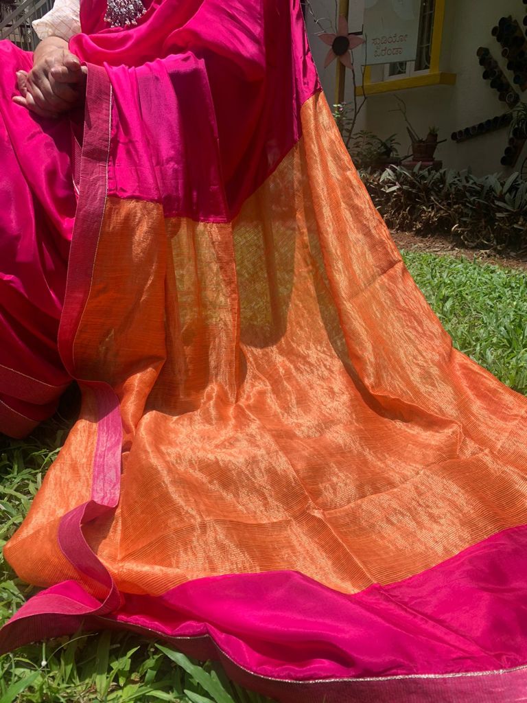 Juanita- Fuchsia pink and tangerine habutai silk saree