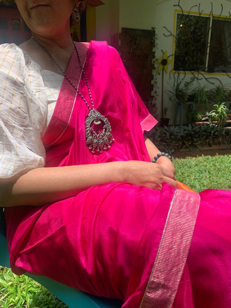 Juanita- Fuchsia pink and tangerine habutai silk saree