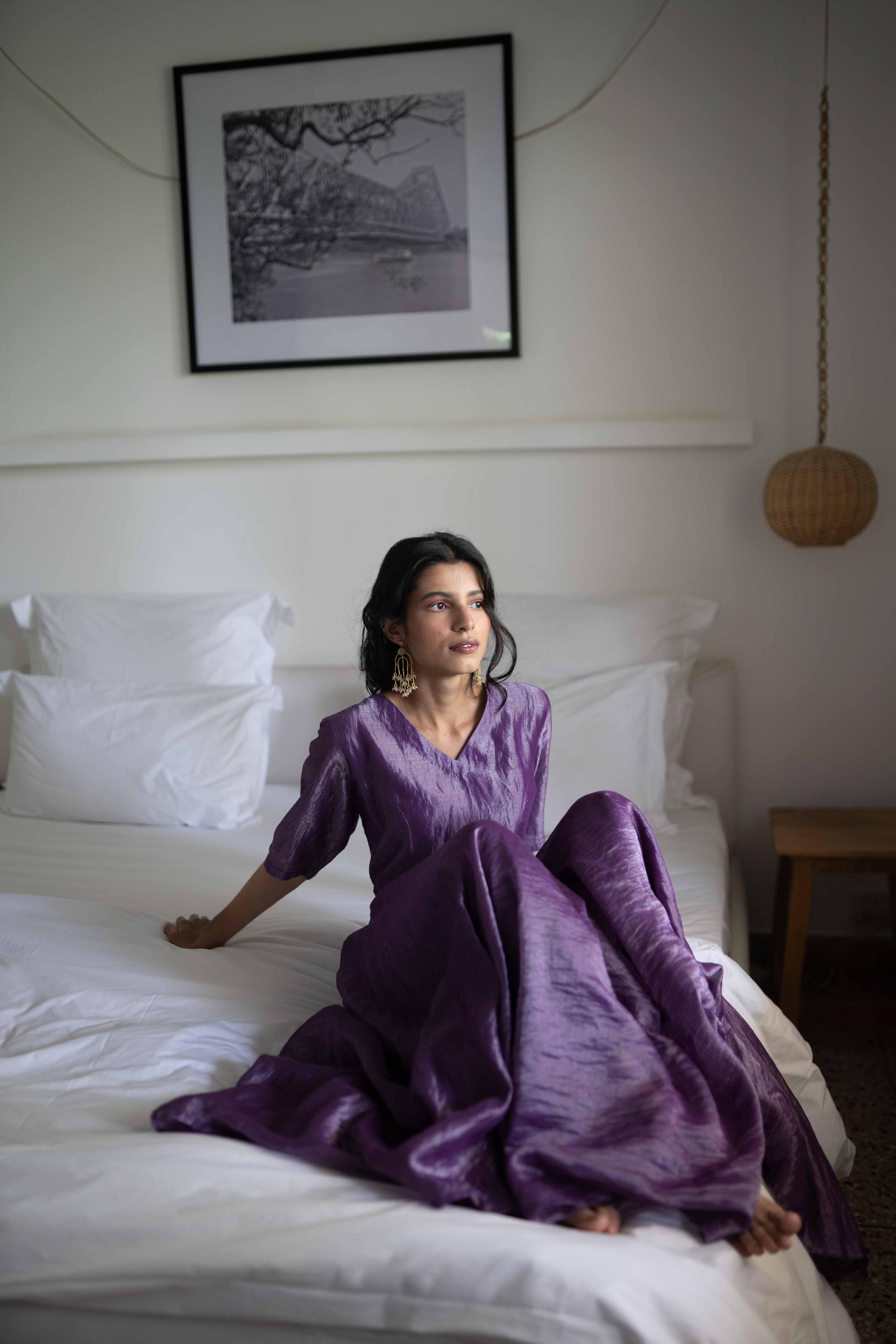 Juanita- Handwoven Banarsi Zari Dress Violet V Neck
