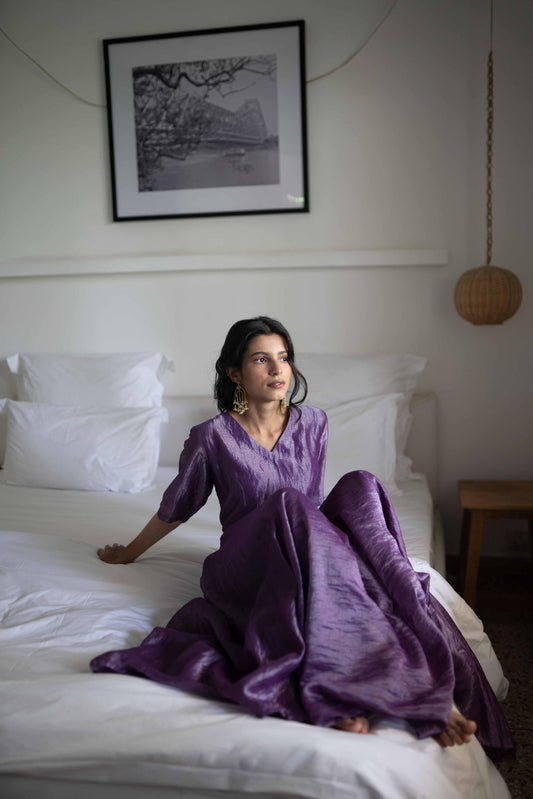 Juanita- Handwoven Banarsi Zari Dress Violet V Neck