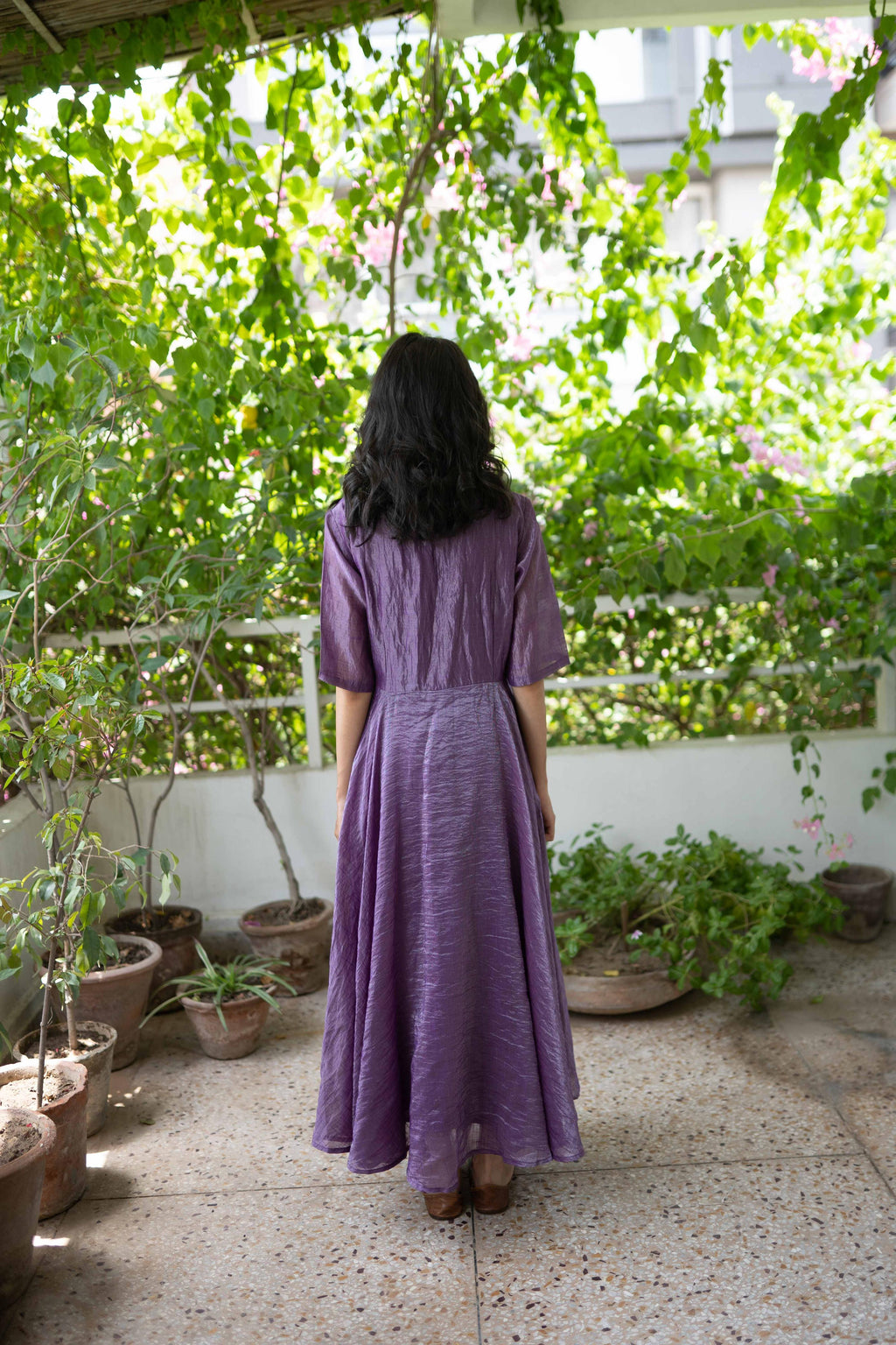 Juanita- Handwoven Banarsi Zari Dress Violet V Neck