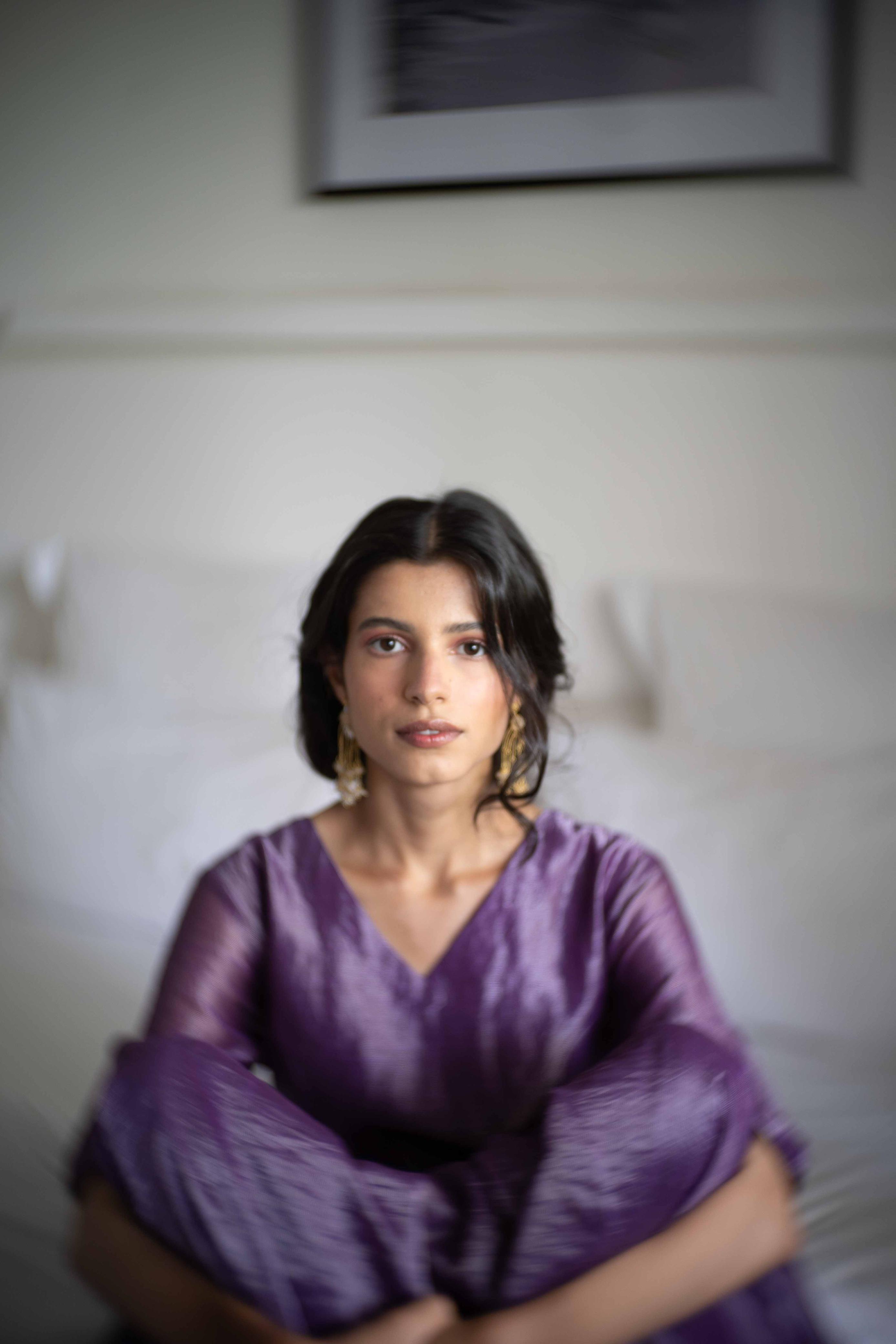Juanita- Handwoven Banarsi Zari Dress Violet V Neck