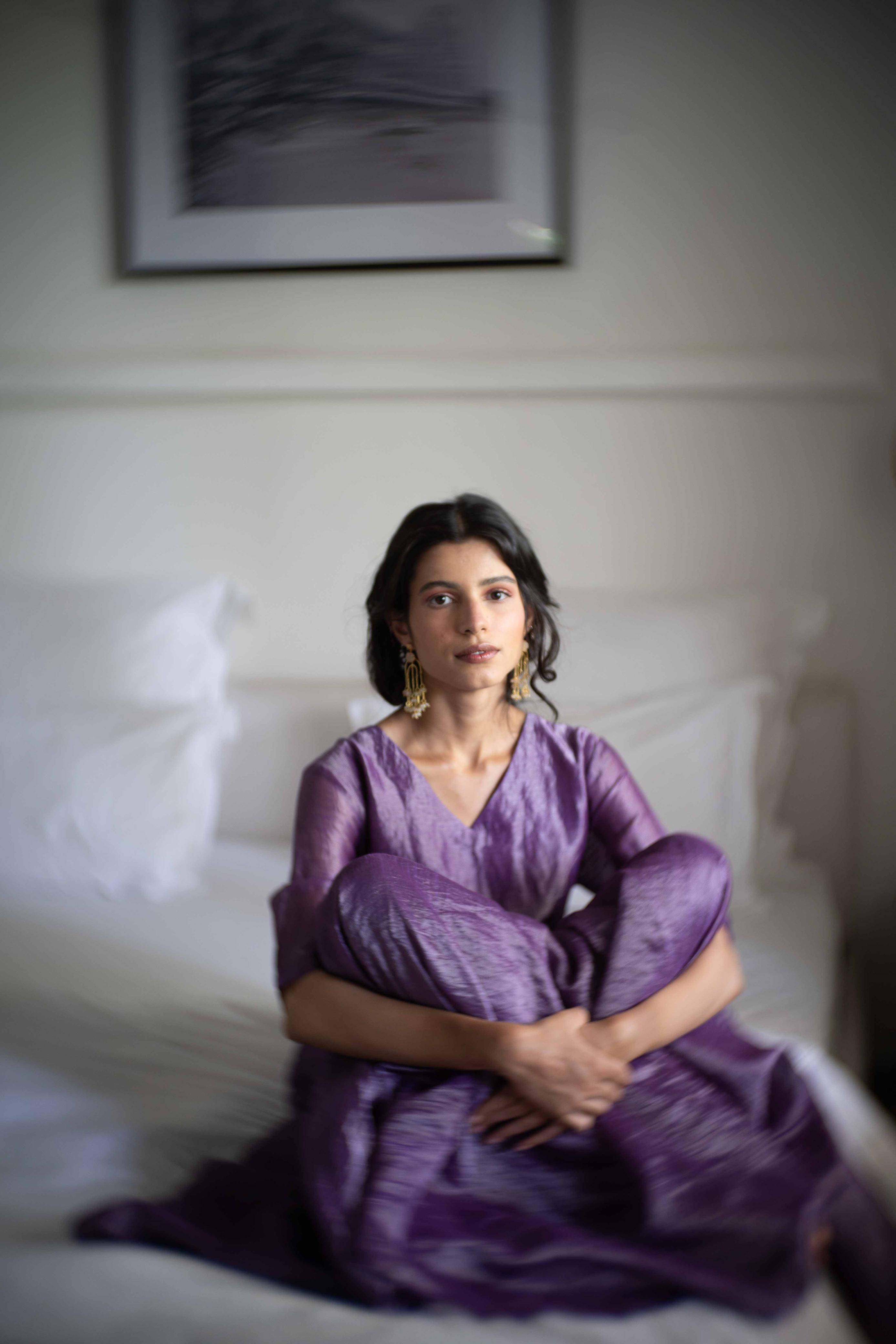 Juanita- Handwoven Banarsi Zari Dress Violet V Neck