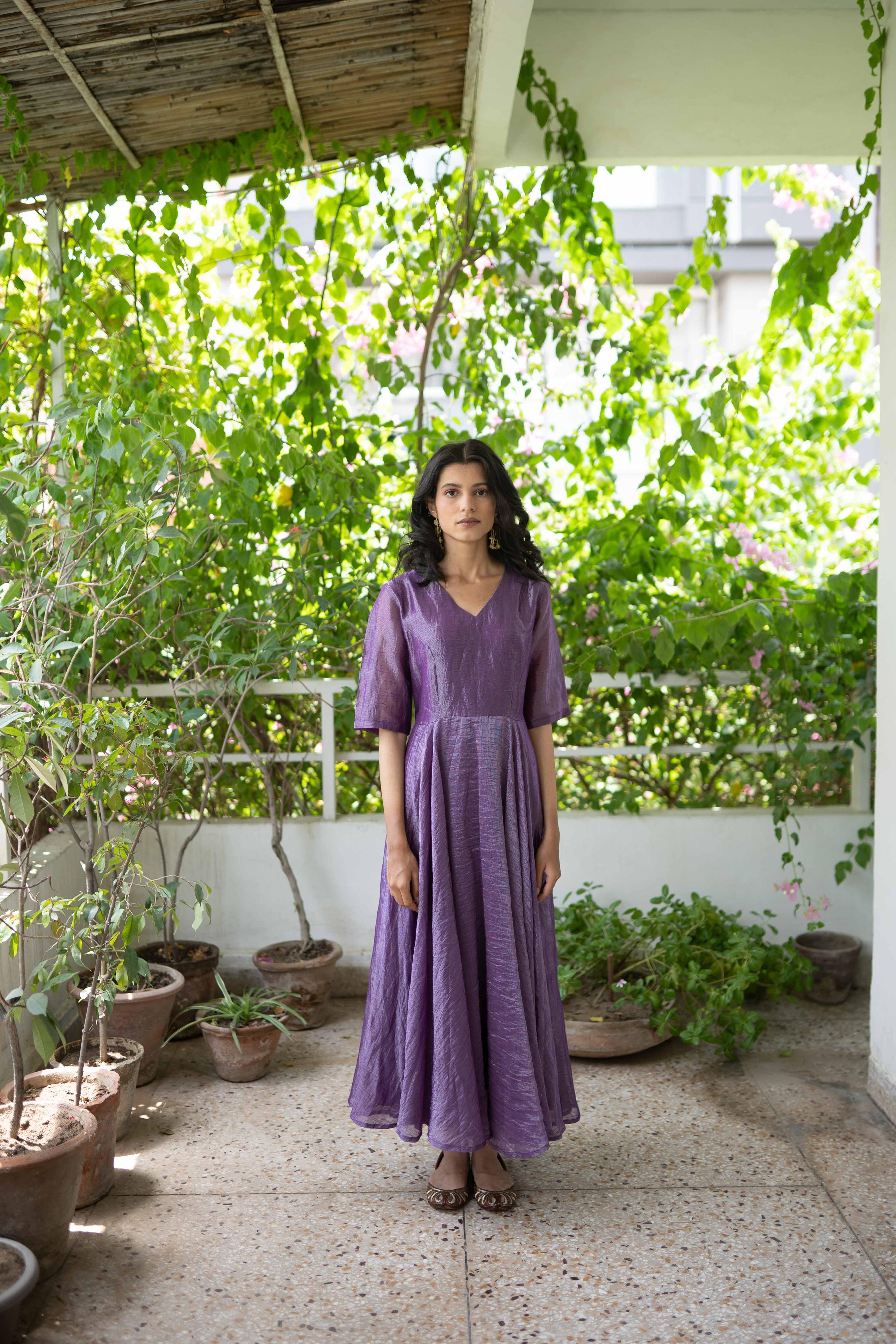 Juanita- Handwoven Banarsi Zari Dress Violet V Neck