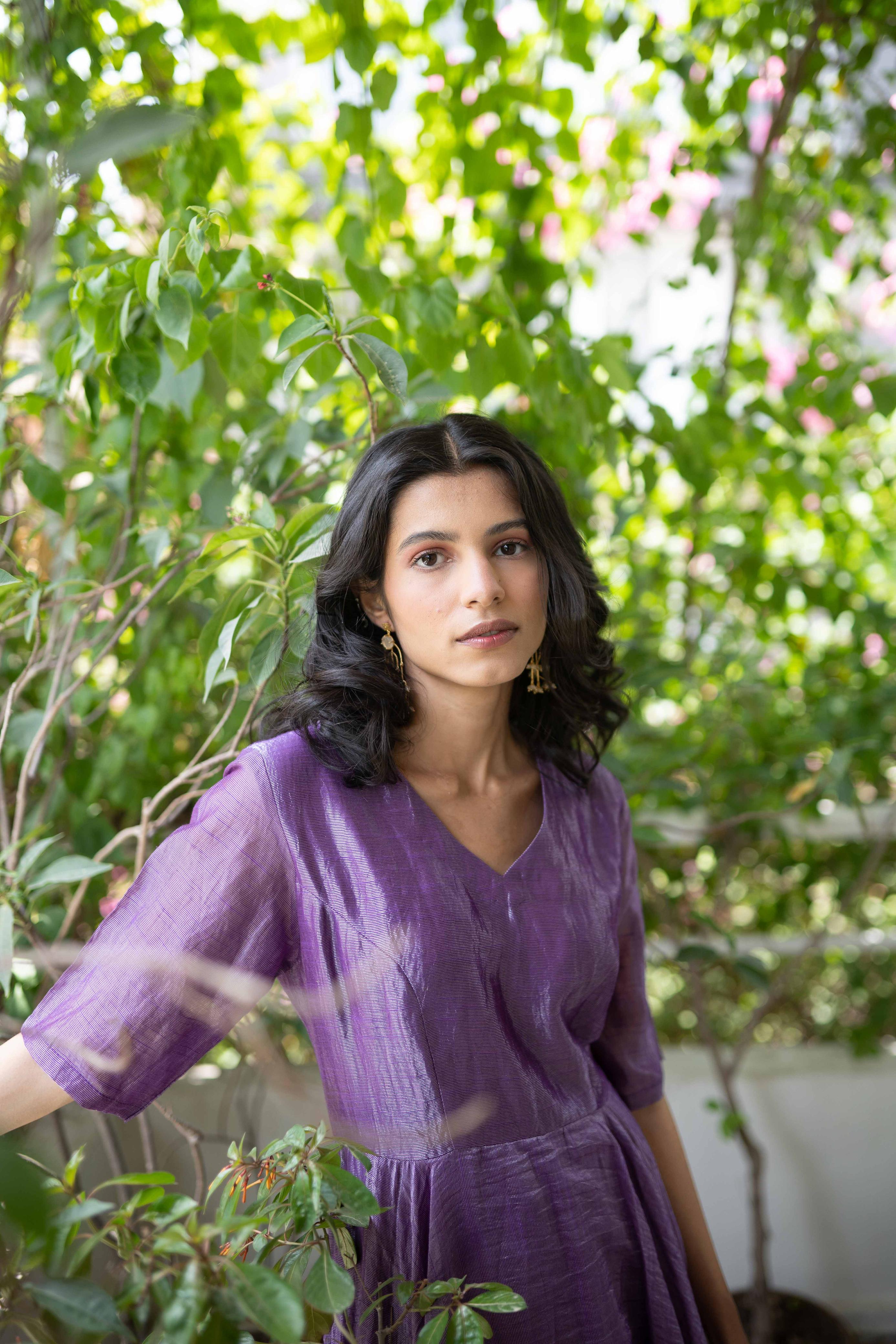 Juanita- Handwoven Banarsi Zari Dress Violet V Neck
