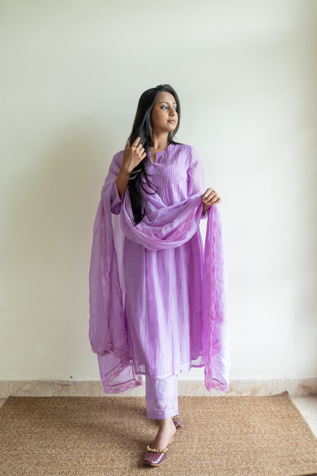 Juanita- Handwoven chanderi lilic front tuck kurta
