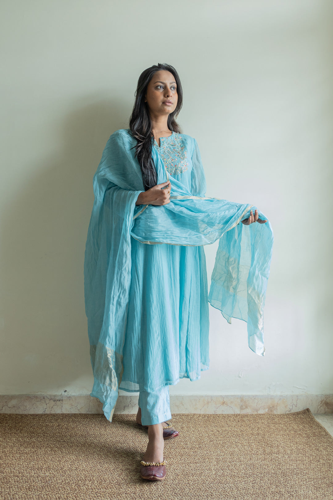 Juanita- Handwoven chanderi sea blue kurta