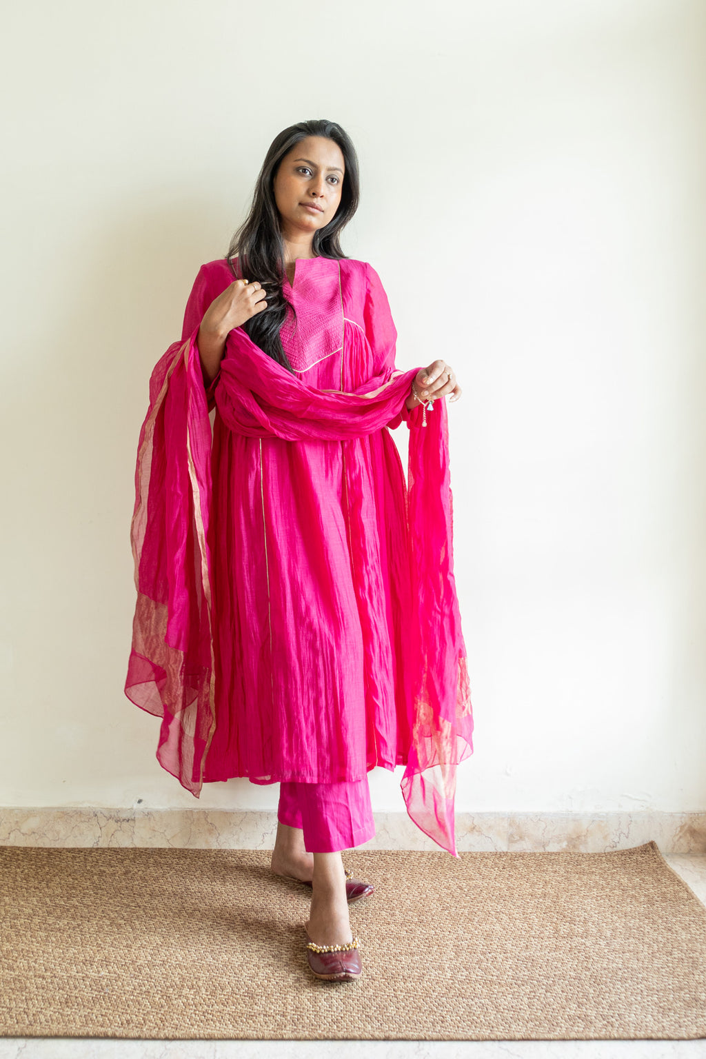 Juanita- Handwoven chanderi hot pink front pink tuck kurta