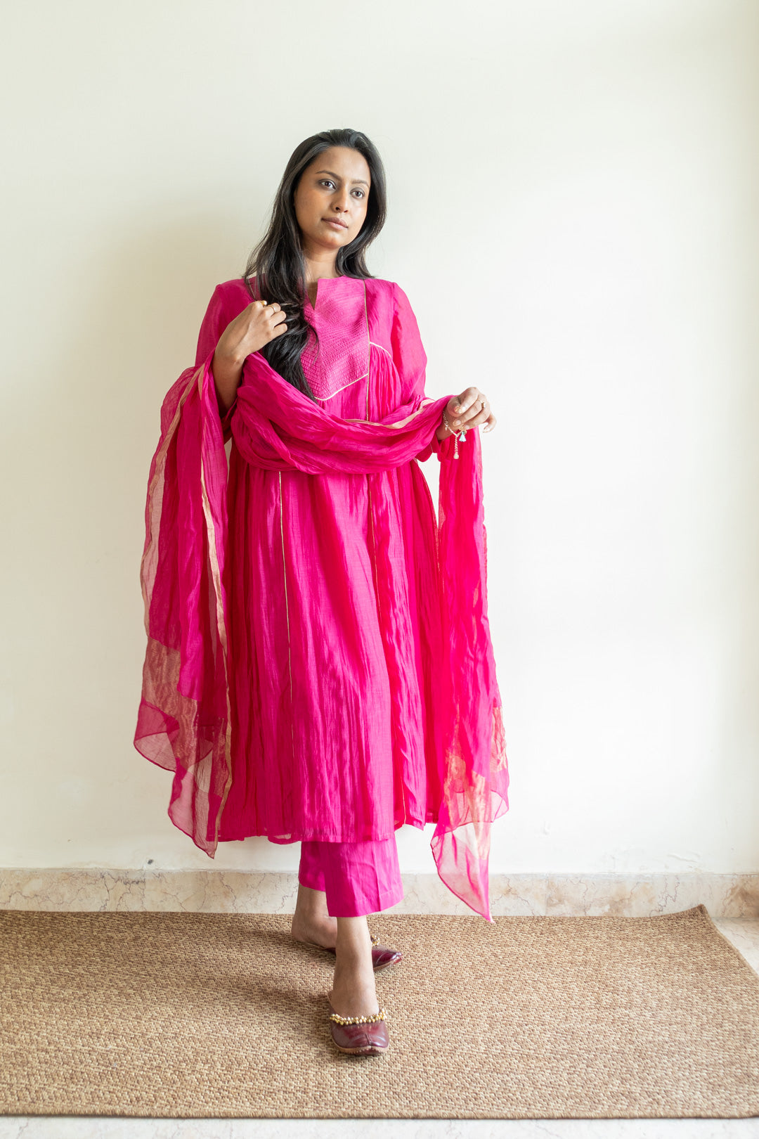 Juanita- Handwoven chanderi hot pink front pink tuck kurta